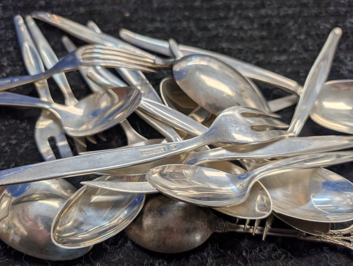 silver flatware, serving pieces, tea sets, trays, scrap sterling