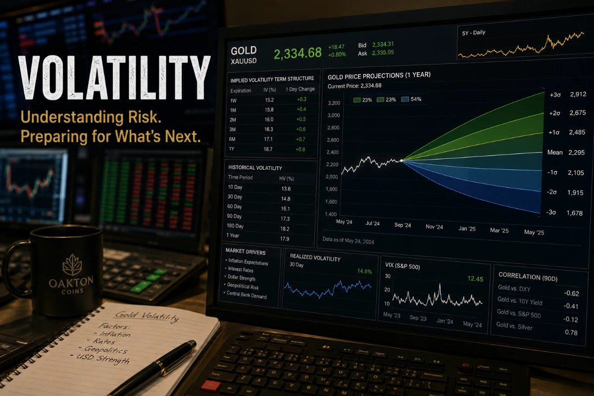 Gold market volatility dashboard showing implied volatility, historical price movement, and projected trading ranges for precious metals.